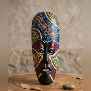 Wooden Mask Hand Painted Aboriginal Dot Tribal Tiki Africa Wall Hanging 12 in